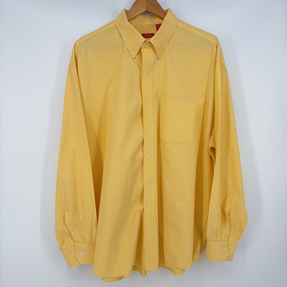 IZOD Button Down Shirt Mens XXL Yellow White Striped Long Sleeve Preppy Classic - Picture 2 of 9